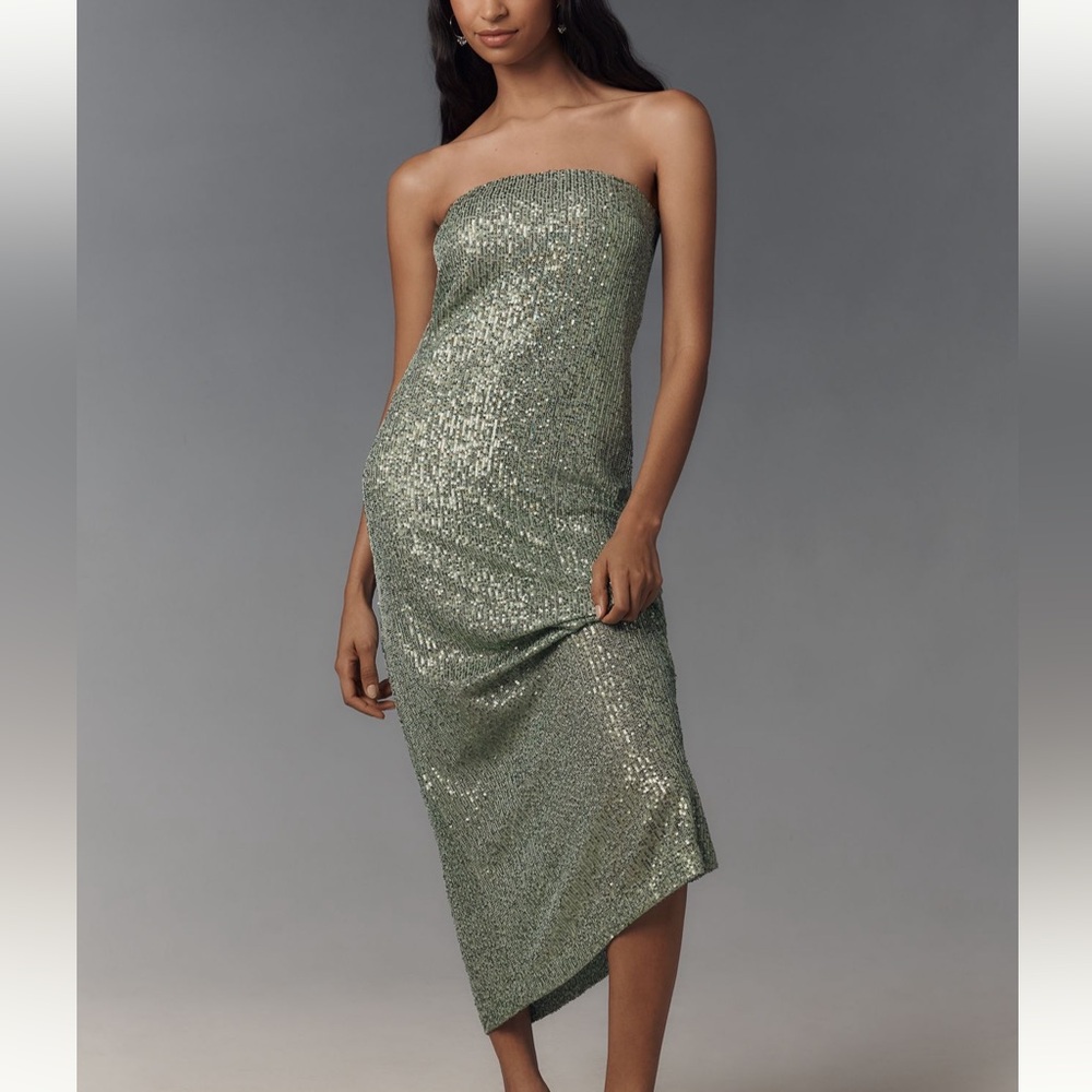 Anthropologie Strapless Sequin Midi Dress in Sage Green